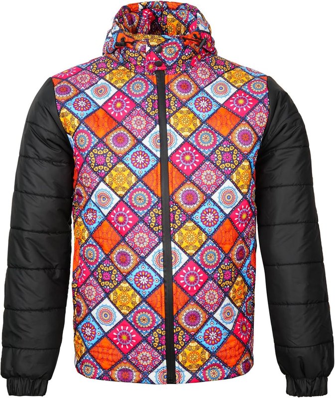 Patiru Culture Mens Warm Winter Down Jacket | Lightweight Canadian Puffer Outdoor Jacket with Removable Hood Small Multi-print