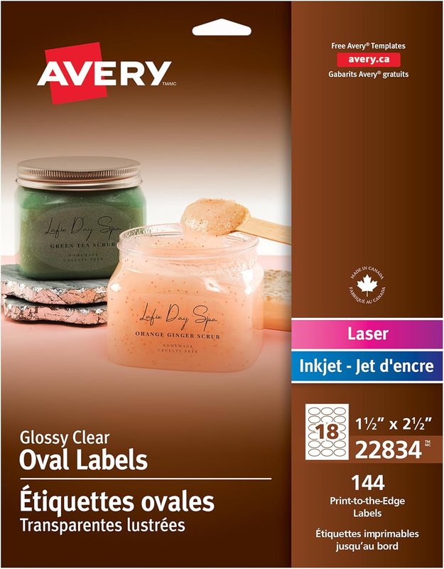Avery Glossy Clear Oval Labels, 1.5"x2.5", for Laser/Inkjet Printers, Easy Peel, Print to Edge, 144 Permanent Clear Labels, Apply on Paper/Cardboard/Metal/Glass/Plastic, (22834) Made in Canada