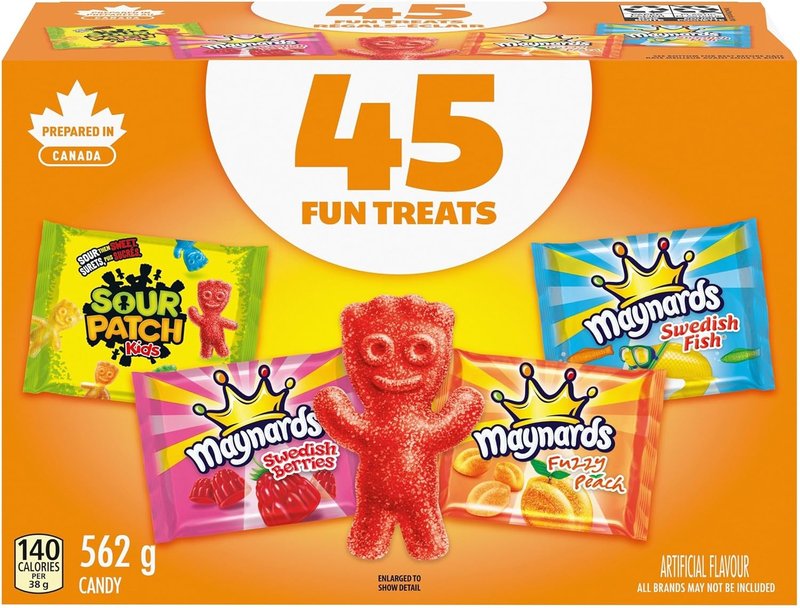 Maynards, Assorted Gummy Candy (Pack of 45), Sour Patch Kids, Fuzzy Peach, Swedish Berries, Swedish Fish, Bulk Candy, Individually Wrapped, Sour Candy, 562 g, Prepared in Canada Peach 12 g (Pack of 45)