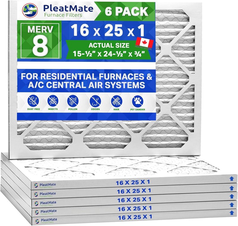 16x25x1 MERV 8 Case of 6 Pleated Furnace & A/C Air Filter. Made in Canada by FurnaceFilters.Ca