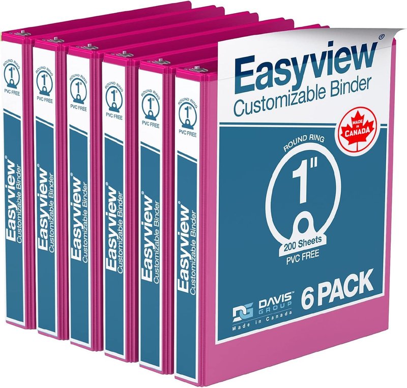 EasyView Premium 1-Inch Binders with Clear-View Covers, 3-Ring Binders for School, Office, or Home, Colored Binder Notebooks, Pack of 6, Round Ring, Pink