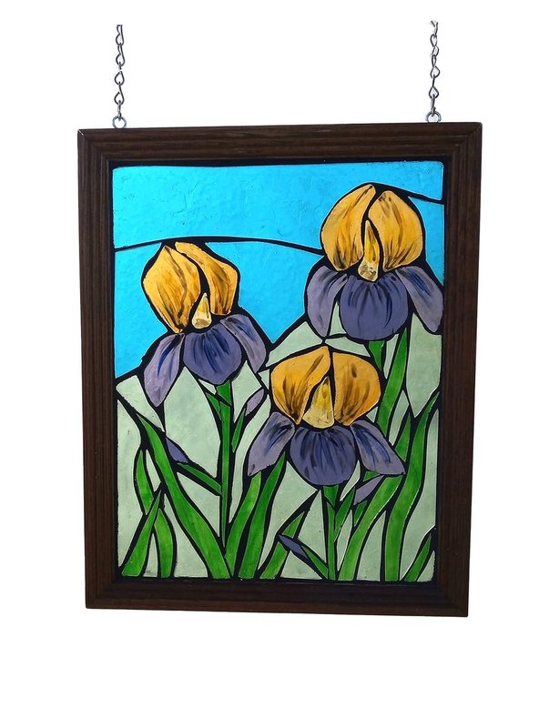 Purple and Yellow Bearded Iris Stained Glass Mosaic Panel