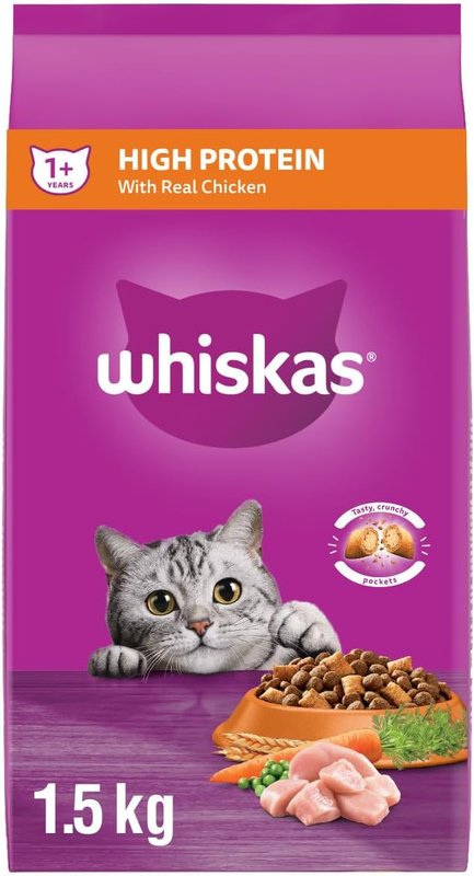WHISKAS Adult Dry Cat Food - High Protein with Real Chicken, 1.5kg Bag