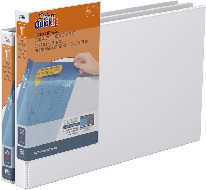 QuickFit Heavy Duty 11 x 17 Inch Spreadsheet View Binder, D Ring, White, 2 Pack, 1 Inch