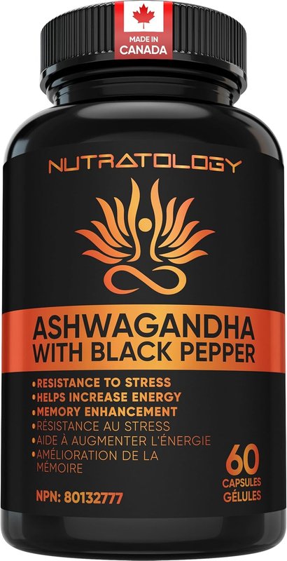 Nutratology Organic Ashwagandha | Canadian-Made | Increases Resistance To Stress & Supports Memory Enhancement | W/Black Pepper For Enhanced Absorption | 650MG Ashwagandha Per Capsule - 60 Capsules
