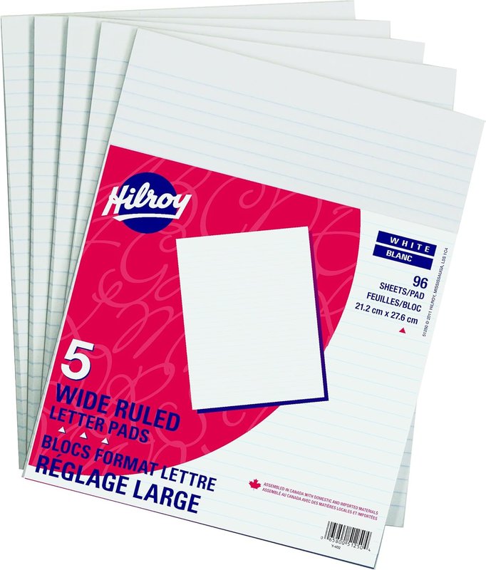 Hilroy Wide Ruled Letter Pads, 8-3/8 X 10-7/8 Inches, 5 Pack, White, 96 Sheets (51250) White Letter