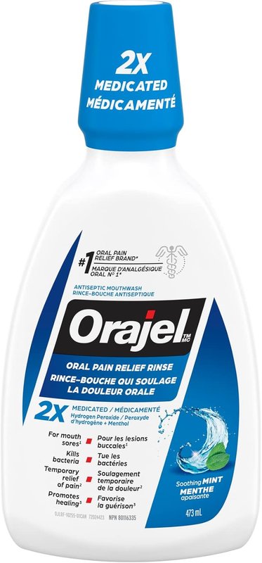 Orajel Antiseptic 2-in-1 Oral Pain Rinse, Formulated For Mouth Sores & Cankers, With Hydrogen Peroxide & Menthol, 473 mL