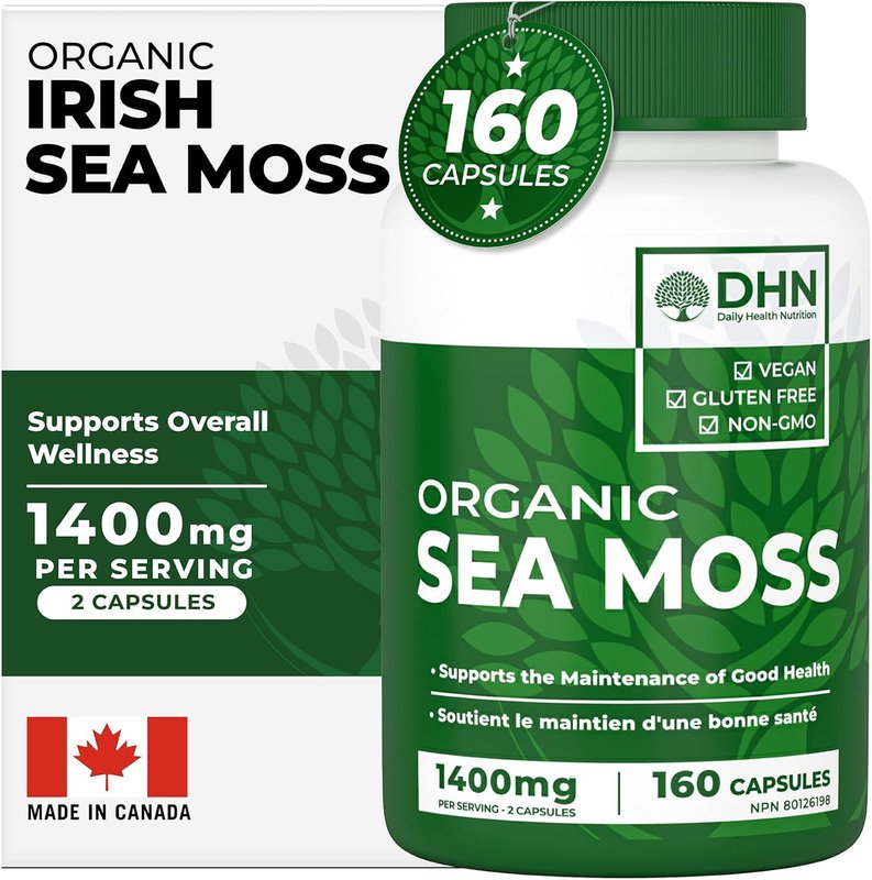 Organic Irish Sea Moss 160 Vegan Capsules | Includes Organic Seawrack & Burdock Root + Black Pepper | Supports Overall Good Health & Thyroid Function. 3rd Party Tested | Canadian Made, Quality Assured
