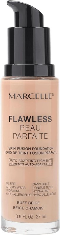 Marcelle Flawless Skin-Fusion Foundation, Buff Beige, Medium Coverage, Natural Finish, Waterproof, Hypoallergenic, Fragrance-Free, Cruelty-Free, Paraben-Free, Non-Comedogenic, Oil-Free, 27 mL