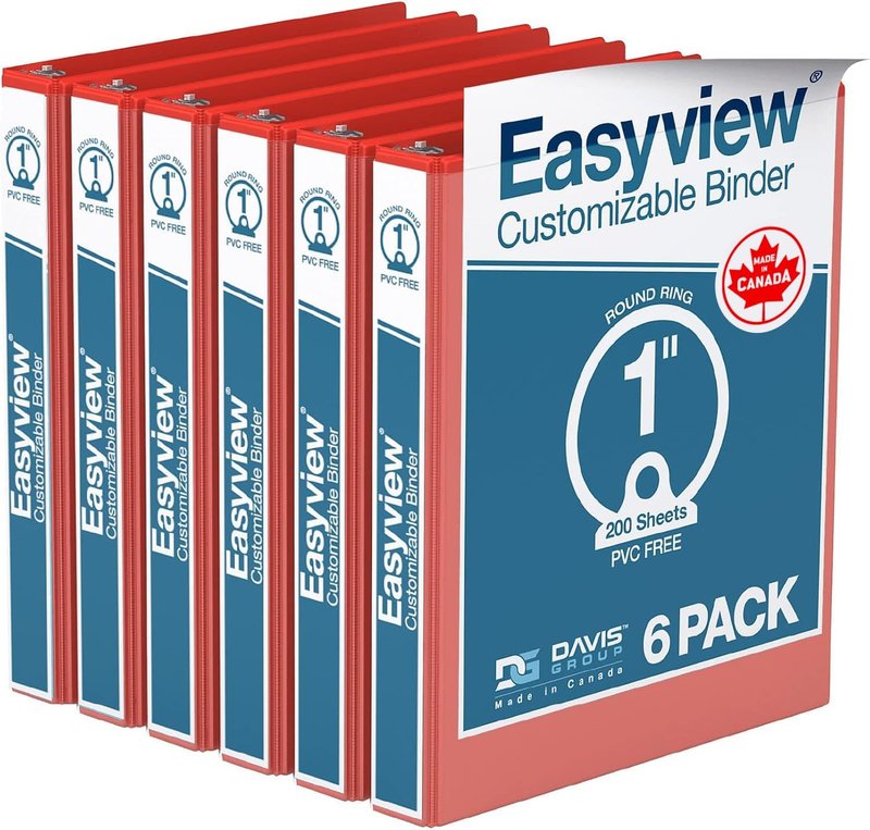 EasyView Premium 1-Inch Binders with Clear-View Covers, 3-Ring Binders for School, Office, or Home, Colored Binder Notebooks, Pack of 6, Round Ring, Red