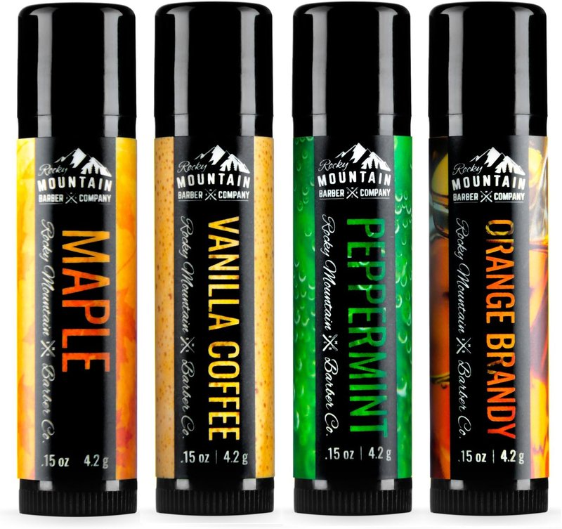 Lip Balm Set - 4 Scents - Maple, Vanilla, Peppermint, & Orange Brandy - No Shine Matte Finish - Natural Ingredients include Coconut Oil, Avocado Oil, Bees Wax, & Shea Butter