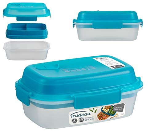 Trudeau Fuel Summit 2 Tiered Bento Lunch Box to Go Container with 3 Compartments, Tropical, Turquoise (03019010)