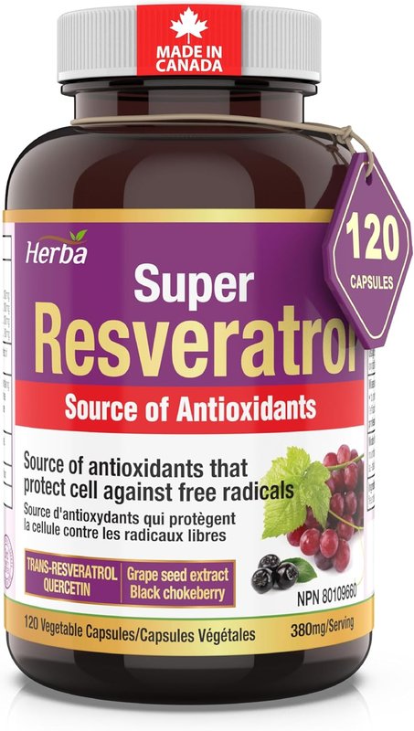 Resveratrol Supplement Canada - 120 Capsules | 99.8% Purity Trans-Resveratrol with Quercetin, Echinacea, Grape Seed Extract, and Aronia | Powerful Antioxidant Supplement | Made in Canada | Herba