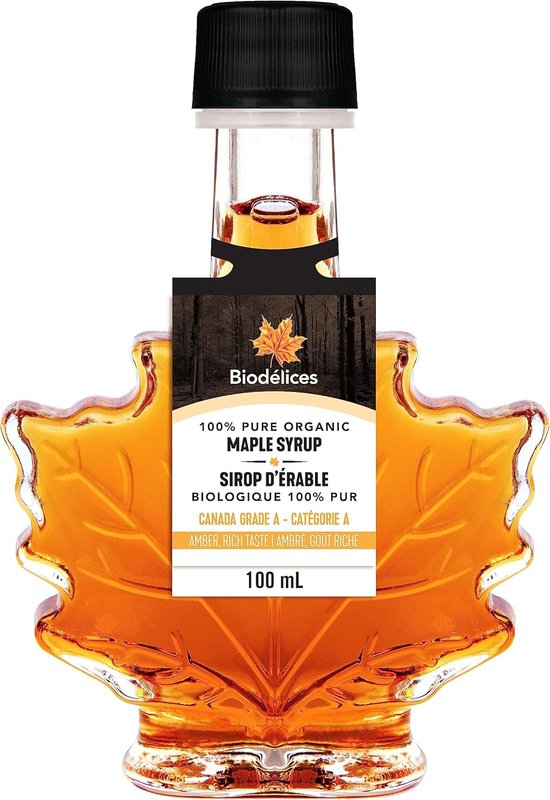 Biodélices - Pure Organic Maple Syrup 100ml - Grade A - Amber Rich Taste - Quebec's Finest in Elegant Maple Leaf Bottle - Ideal for Pancakes, Waffles Desserts, Baking Yogurt, Oatmeal & Salad Dressings
