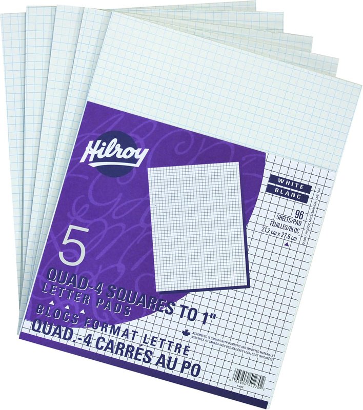 Hilroy Letter Pads, 8-3/8" x 10-7/8", Quad Ruled, 4 Squares to 1", 192 Pages/96 Sheets Per Pad, 5-Pack, White (51270)