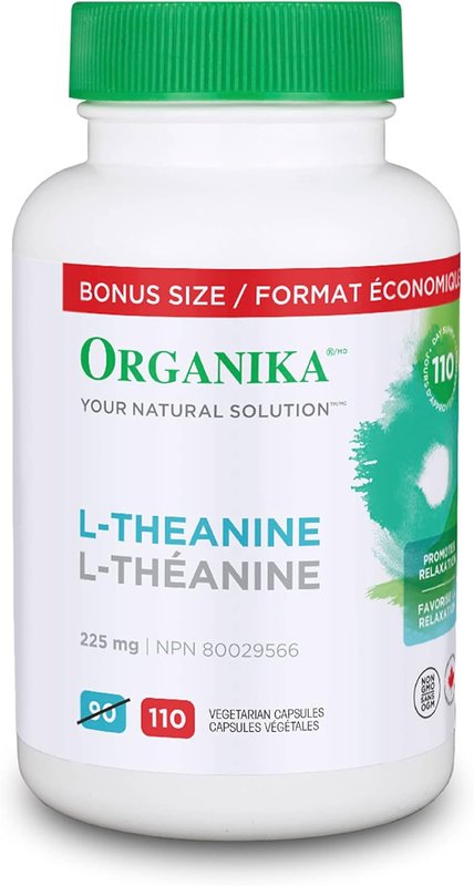 Organika Canadian-Made L-Theanine Bonus Size 225mg-Relaxation Promotion Without Drowsiness, Stress Support, Pure Natural Source, Fast Acting- 110caps 110 count (Pack of 1)