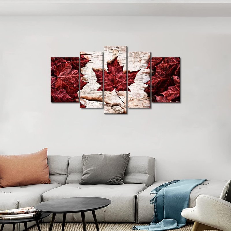 My Easy Art® 5 Pieces Modern Canvas Painting Wall Art The Picture For Home Decoration Flag Of Canada Constructed Of Maple Leaves White Birch Bark Country Symbol Print On Canvas Giclee Artwork For Wall Decor