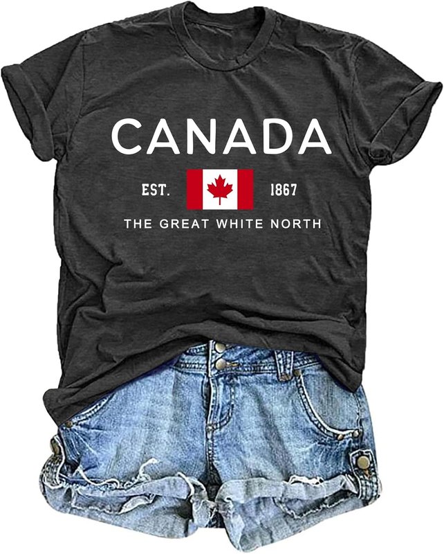 QAUN Canada Day Shirt Women Patriotic Shirts Womens Short Sleeve Tops Graphic tee Flaggrey Large