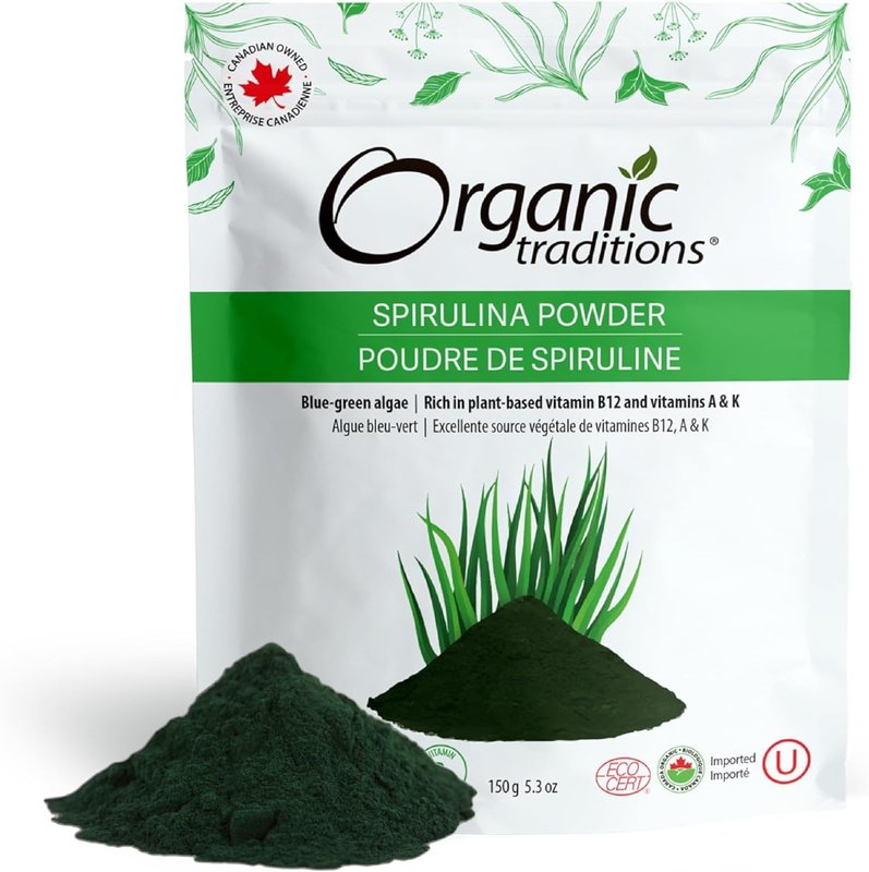 Organic Traditions Spirulina Powder, Canadian Owned, Organic Green Spirulina Powder Vegan Non-GMO Superfood, 5.3oz (150g) Bag, 50 servings per bag