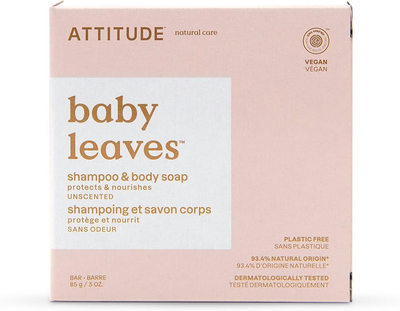 ATTITUDE Plastic-Free Shampoo and Body Soap Bar for Baby, Made in Canada, EWG Verified, Dermatologically Tested, Made with Naturally Derived Ingredients, Vegan, Unscented, 85 grams Unscented 85 g (Pack of 1)