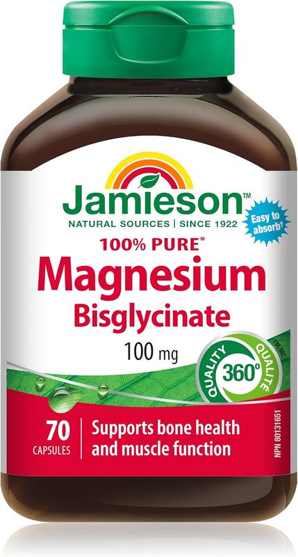Jamieson 100% Pure Magnesium Bisglycinate 100 mg Capsules, Not Blended, Magnesium Oxide Free, Supports Bone Development and Muscle Function, Source of Electrolytes, Easy to Absorb, Vegetarian, Non-GMO, Gluten-Free, 70 Count
