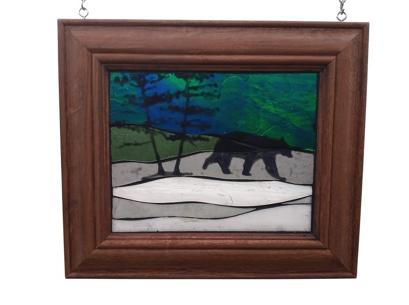 Northern Lights Landscape with Bear Silhouette Stained Glass Mosaic Panel