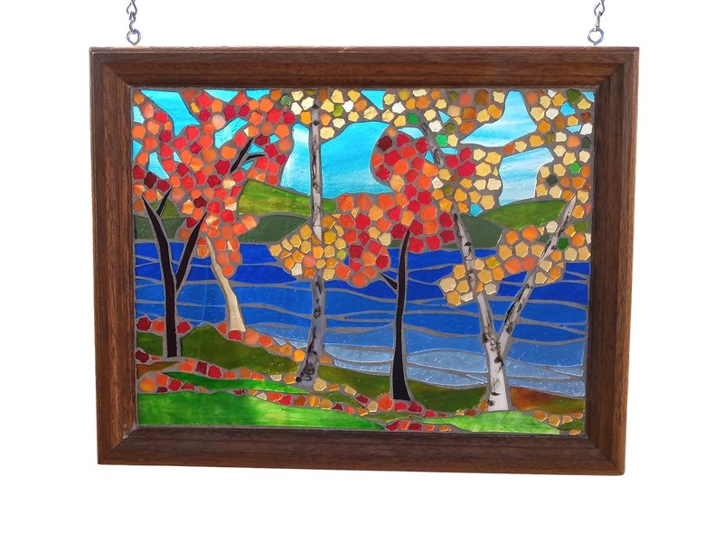 Autumn Birch and Maple Tree Landscape Stained Glass Mosaic Panel