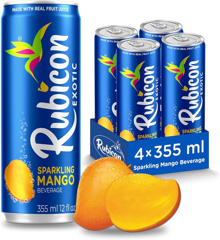 Rubicon Sparkling Mango Beverage | Pack of 4, 355 ml Cans | Fruit Flavour Carbonated Drink | 90 Calories per Can | Made with Real Fruit Juice | Allergen-Free | Vegan & Vegetarian Friendly | No Artificial Sweeteners 355 ml (Pack of 4)