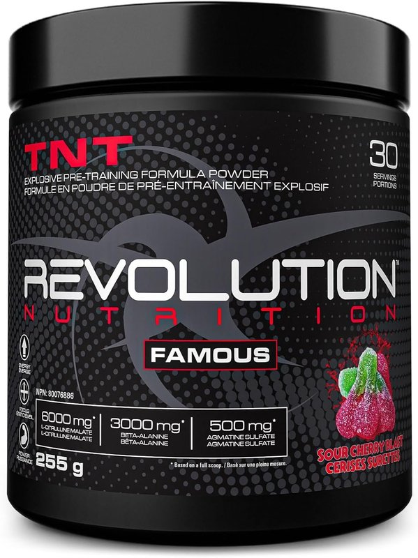 Revolution Nutrition, TNT, Pre-Workout Powder, Pumps & Strength, Extreme Intensity, Hyper Concentrate, Citrulline Malate 2:1, Beta Alanine, Agmatine Sulfate, Caffeine, For Men & Women, 255g, 30 Servings (Sour Cherry Blast, 0.56 Pound)