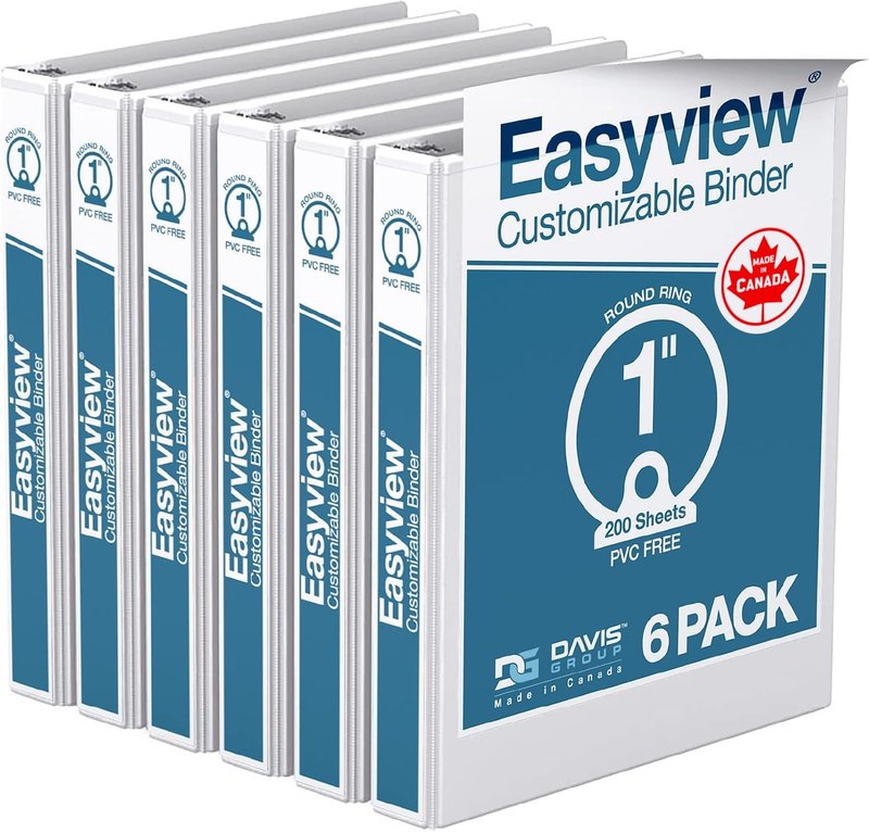 EasyView Premium 1-Inch Binders with Clear-View Covers, 3-Ring Binders for School, Office, or Home, Colored Binder Notebooks, Pack of 6, Round Ring, White 1 Inch White