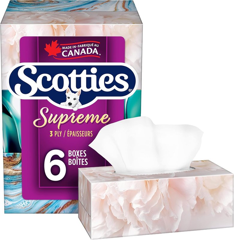 Scotties Supreme 3 Ply Soft & Strong Facial Tissue, Hypoallergenic and Dermatologist Tested, 6 Boxes, 81 Tissues per Box 81 count (Pack of 6) White