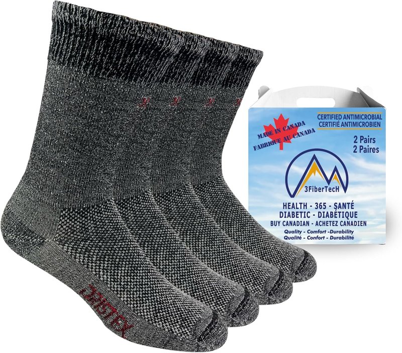 DRISTEX - 365*DIABETIC - MADE IN CANADA - 2 Pairs - Crew Socks, Moisture Wicking, Comfy Loose Fitting, Non-binding Medium Tall Black Natural 2
