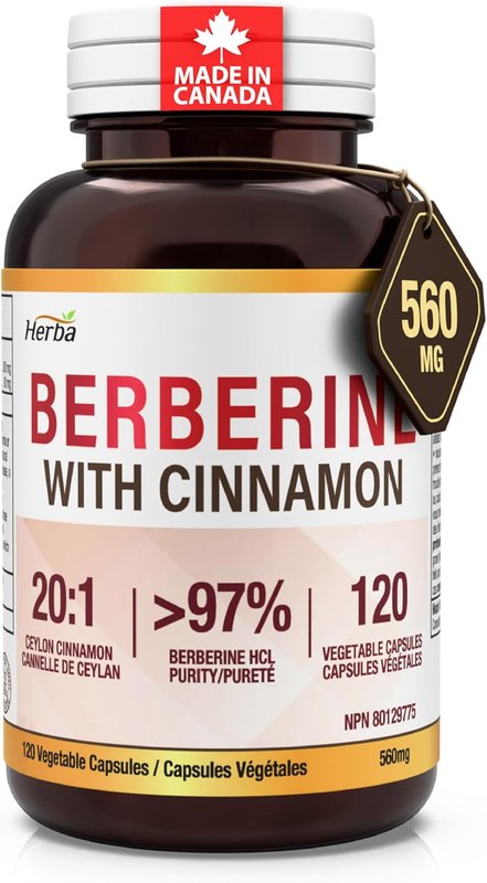 Herba Berberine Supplement with Ceylon Cinnamon – 120 Capsules | Ultra Pure >97% | Berberine 1000mg (per 2 Berberine 500mg capsules) | Blood Sugar Support Supplement | Berberine HCL with Cinnamon Capsules 20:1 | Made in Canada