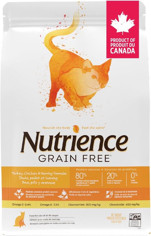 Nutrience Grain Free Cat Food, 5 kg (11 lbs), Canadian Turkey, Chicken & Herring Formula, Dry Cat Food, High Protein, Nourriture Pour Chat, Manger Pour Chat