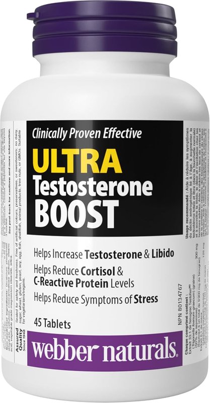 Webber Naturals Ultra Testosterone Boost, 45 Tablets, Contains Testofen Fenugreek, Maca, Ashwagandha, Zinc & Boron, Men’s Health Support, Vegan