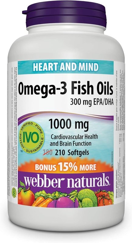 Webber Naturals Omega-3 Fish Oil 1,000 mg, 210 Softgels, Supports Cardiovascular Health and Brain Function
