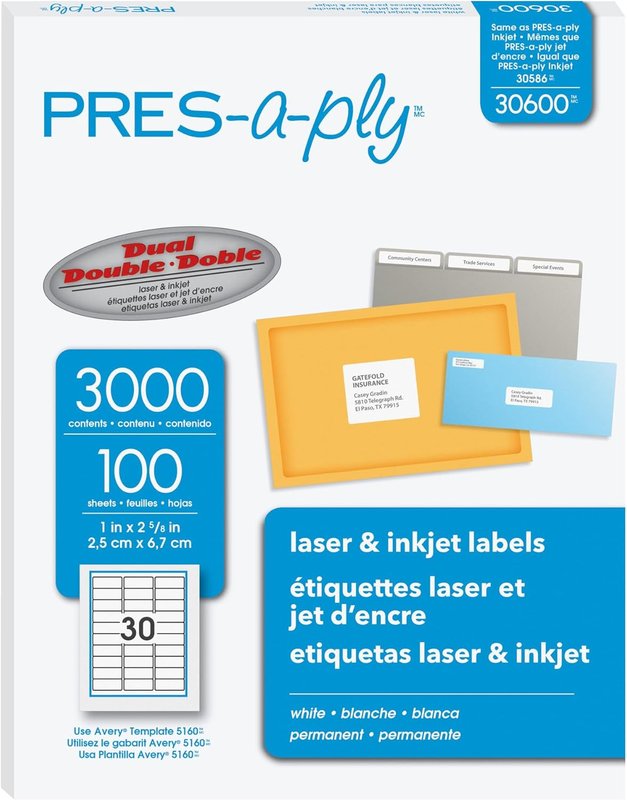 Pres-a-Ply Labels (PRFIX), 1" X 2-5/8", White, Permanent, 3000 Labels/Box (30600) 1" x 2-5/8" 3,000 Labels