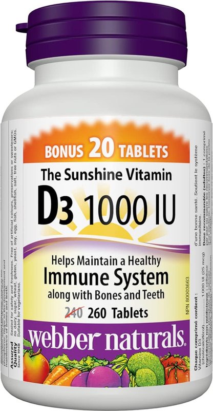 Webber Naturals Vitamin D3 1000 IU, 260 Tablets, For Healthy Bones, Teeth, and the Maintenance of Good Health 260 count (Pack of 1) Vitamin