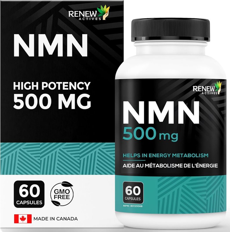 RENEW ACTIVES NMN Supplement 500mg per Serving – Highest Potency Available, Boosts NAD+ for Cellular Health, Promotes Longevity, Energy Metabolism & Tissue Formation, Made in Canada – 60 Capsules Pack of 1