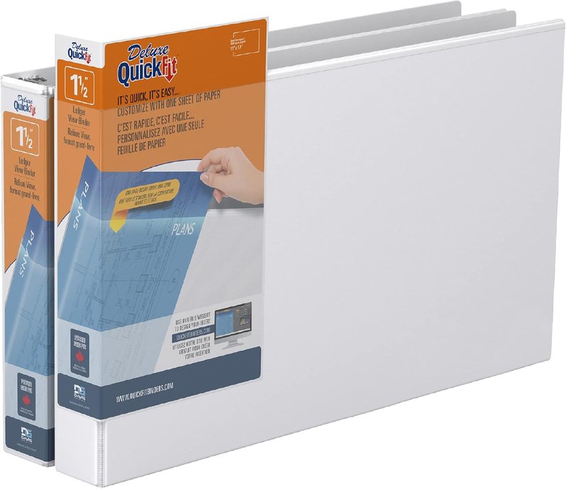 QuickFit Heavy Duty 11 x 17 Inch Spreadsheet View Binder, D Ring, White, 2 Pack, 1.5 Inch