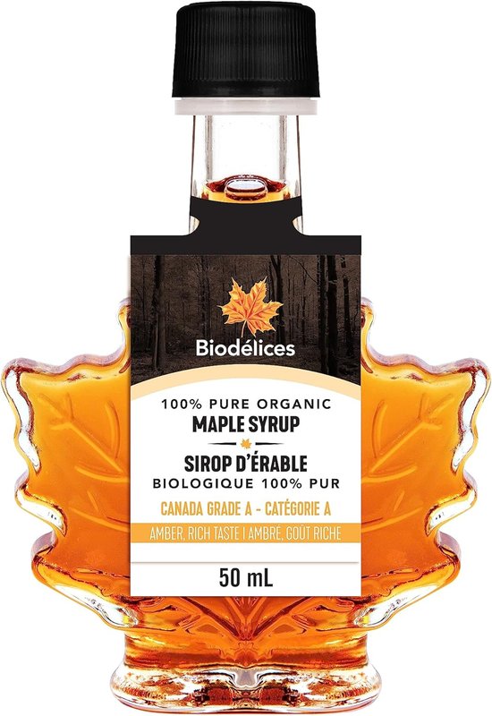 Biodélices - Pure Organic Maple Syrup 50ml - Grade A - Amber, Rich Taste - Quebec's Finest in Elegant Maple Leaf Bottle - Ideal for Pancakes, Waffles Desserts, Baking Yogurt, Oatmeal & Salad Dressings