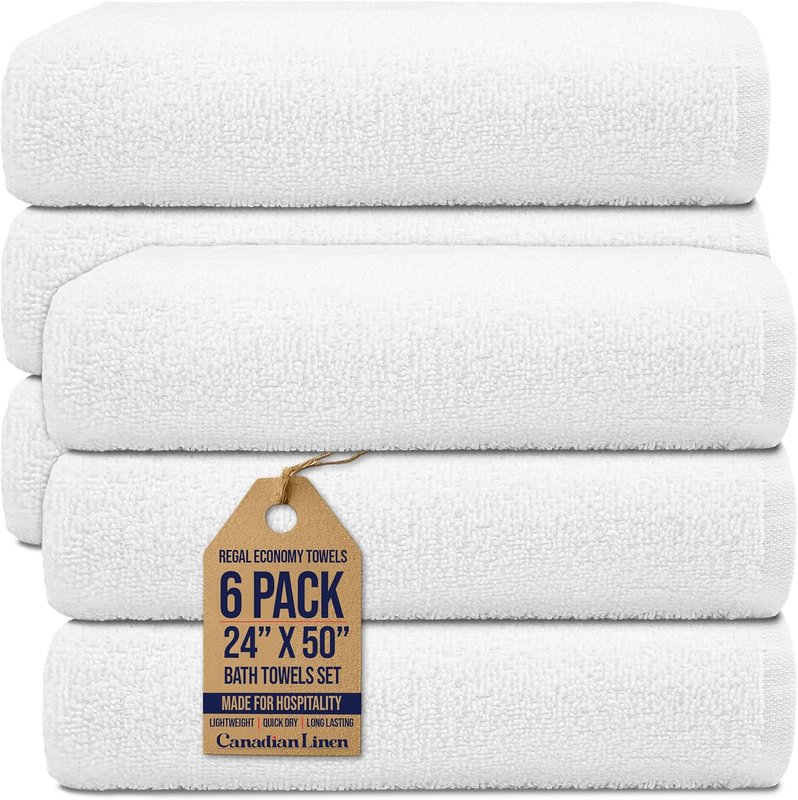 Canadian Linen Regal Economy Hotel Towels, 24”x50” 6 Pack White, Soft Absorbent Cotton Bath Towel Set Lightweight Quick Dry Bathroom Towels for Salon Spa Gym Hospitality Bathroom Nursing Home Hospital