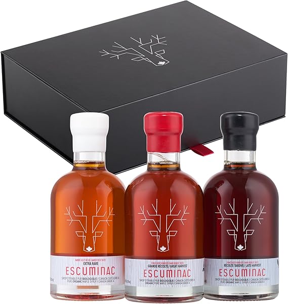 Escuminac Organic Maple Syrup Gift Set – 3 x 200 ml Glass Bottles | Pure, Single-Origin Canadian Syrup in Premium Gift Box