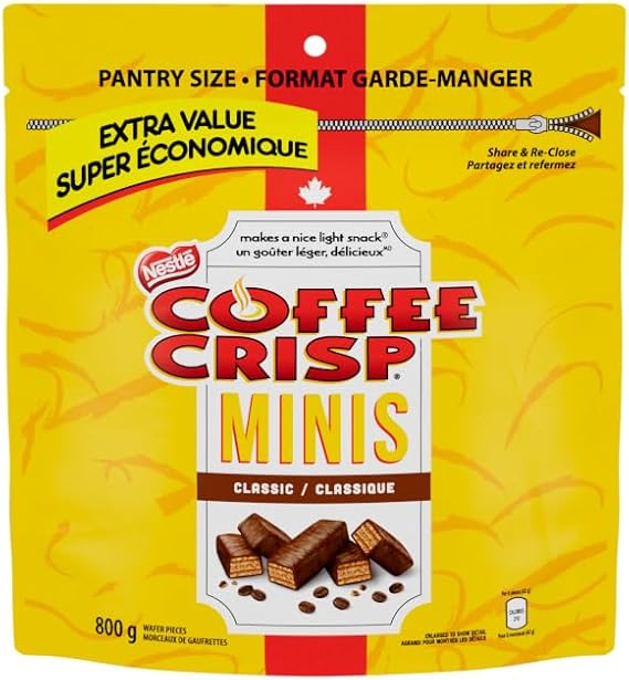 Coffee Crisp Minis Wafer Bars, Peanut-free, Chocolatey Coated Bite-Sized Wafers With Coffee Crème Filling, Pantry Size Resealable Bag, Prepared in Canada